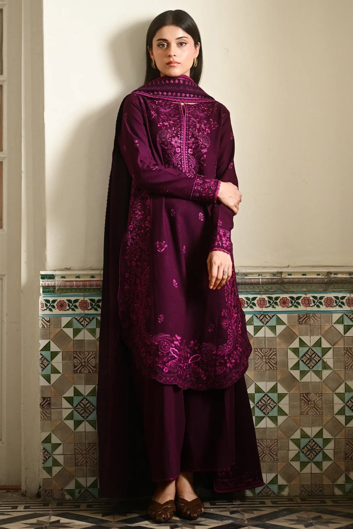ZAIB-3PC KARANDI EMBROIDERED SHIRT WITH KARANDI EMBROIDERED SHAWL AND TROUSER-BIC-4404