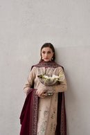 ZAIB-3PC DHANAK EMBROIDERED SHIRT WITH DHANAK EMBROIDERED SHAWL AND TROUSER-BIC-