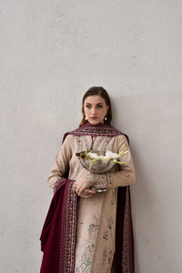 ZAIB-3PC DHANAK EMBROIDERED SHIRT WITH DHANAK EMBROIDERED SHAWL AND TROUSER-BIC-