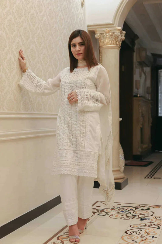 ZARA SHAHJAHAN-3PC CHIKANKAARI LAWN EMBROIDERED SHIRT WITH ORGANZA DUPATTA AND TROUSER-BIC-4053
