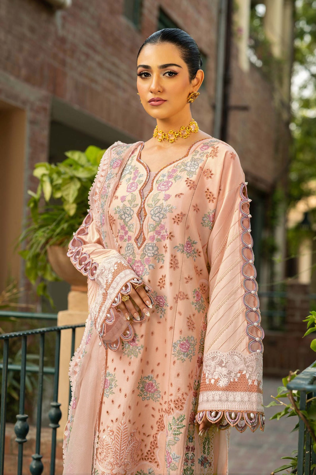 MAHNUR-3PC LAWN EMBROIDERED SHIRT WITH KHAADI NET EMBROIDERED DUPATTA AND TROUSER -BIC-4668