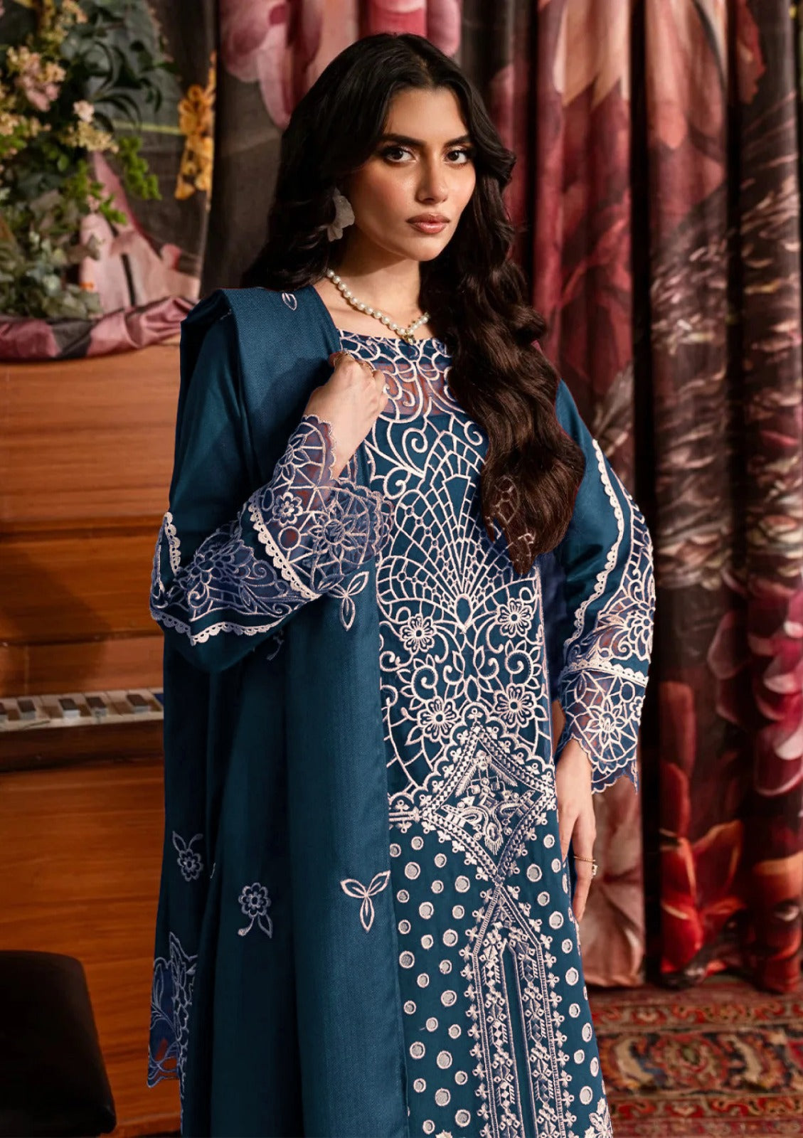 QALAMQAR-3PC CHIKANKAARI LAWN LASER WORK EMBROIDERED SHIRT WITH KHADDI NET EMBROIDERED DUPATTA AND TROUSER-BIC-4712