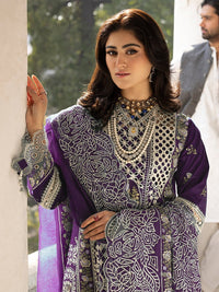MAHNUR-3PC LAWN EMBROIDERED SHIRT WITH KHADDI NET EMBROIDERED DUPATTA AND TROUSER-BIC-4609 (PLUM)