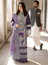 MAHNUR-3PC LAWN EMBROIDERED SHIRT WITH KHADDI NET EMBROIDERED DUPATTA AND TROUSER-BIC-4609 (PLUM)