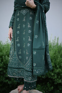 ZAIB-3PC DHANAK EMBROIDERED SHIRT WITH DHANAK EMBROIDERED SHAWL AND TROUSER-BIC-5042