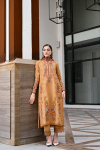 ZAIB-3PC KARANDI EMBROIDERED SHIRT WITH COUTRAI PRINTED SHAWL AND EMB TROUSER-BIC-5284