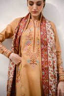 ZAIB-3PC KARANDI EMBROIDERED SHIRT WITH COUTRAI PRINTED SHAWL AND EMB TROUSER-BIC-5284