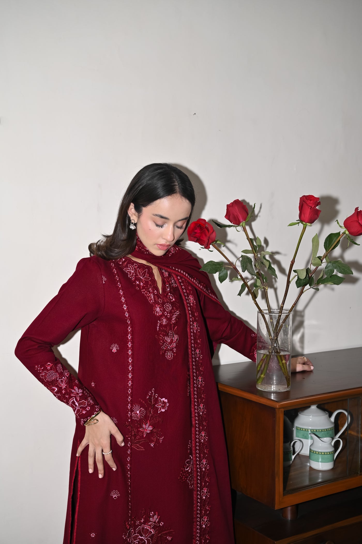 ZAIB-3PC DHANAK EMBROIDERED SHIRT WITH DHANAK EMBROIDERED SHAWL AND TROUSER-BIC-5031