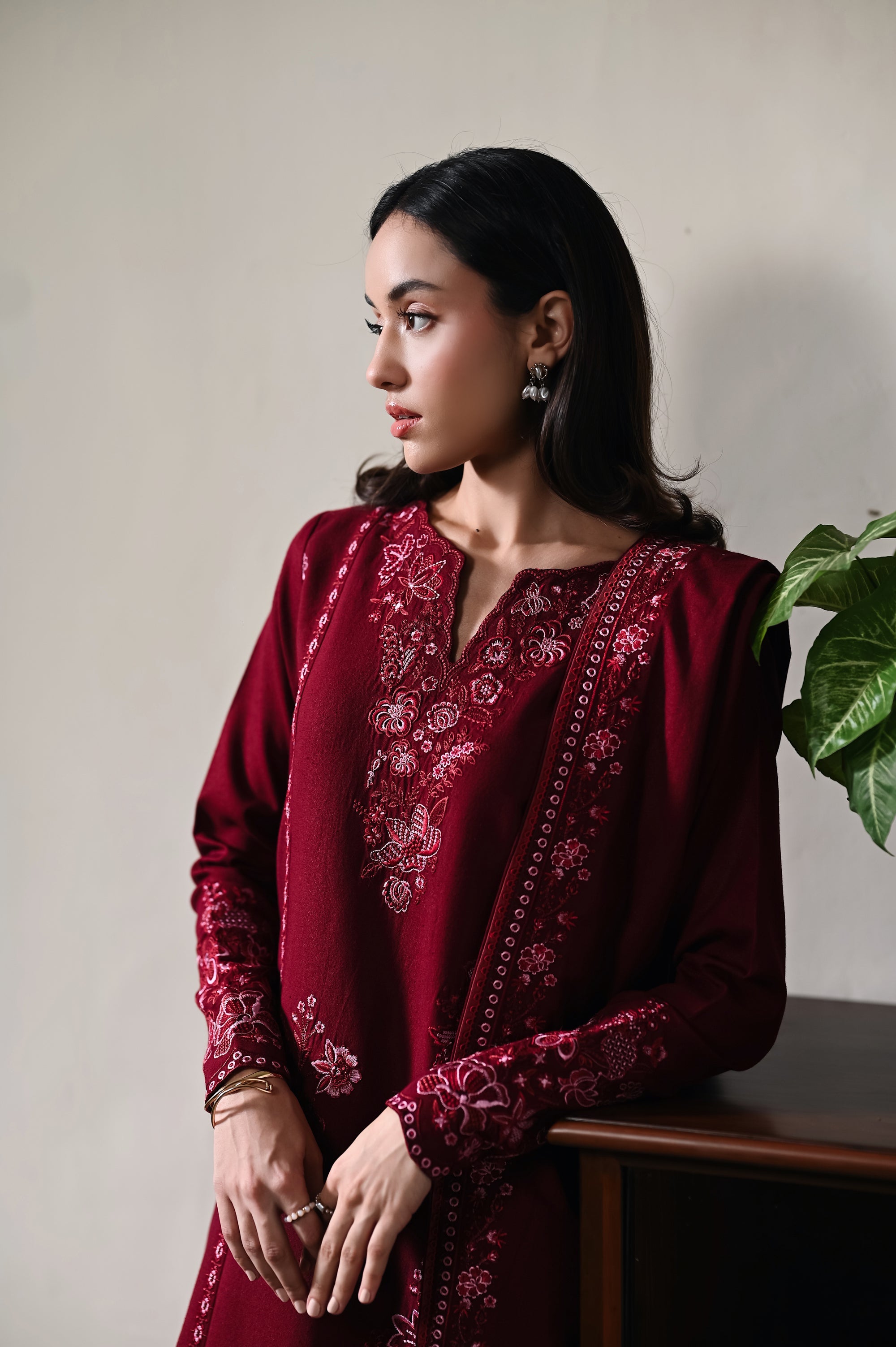 ZAIB-3PC DHANAK EMBROIDERED SHIRT WITH DHANAK EMBROIDERED SHAWL AND TROUSER-BIC-5031
