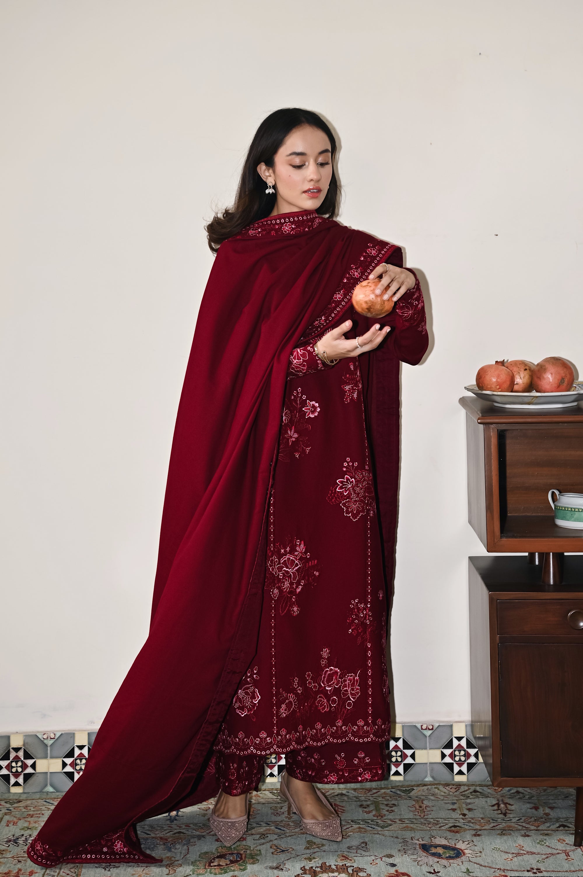 ZAIB-3PC DHANAK EMBROIDERED SHIRT WITH DHANAK EMBROIDERED SHAWL AND TROUSER-BIC-5031