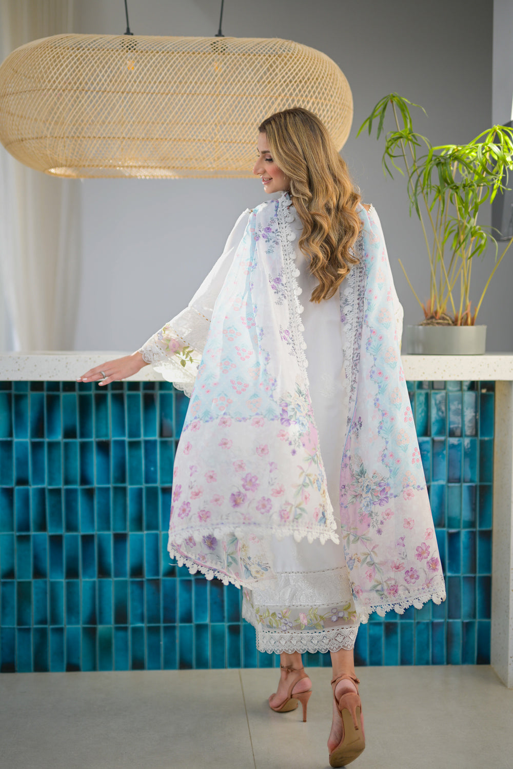 NATSHA KAMAL-3PC DHANAK EMBROIDERED SHIRT WITH COUTRAI WOOL PRINT SHAWL & TROUSER -BIC-4206