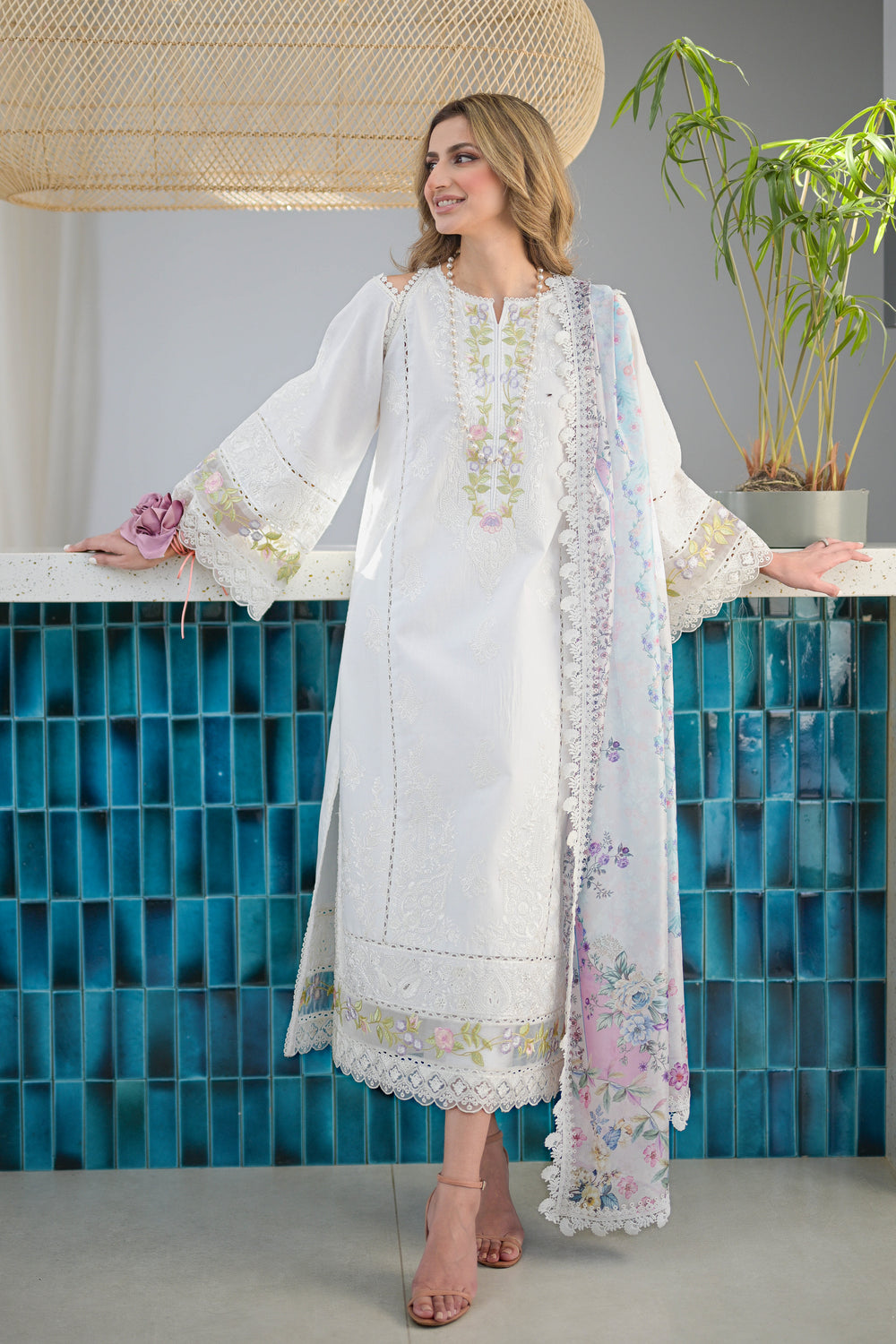 NATSHA KAMAL-3PC DHANAK EMBROIDERED SHIRT WITH COUTRAI WOOL PRINT SHAWL & TROUSER -BIC-4206
