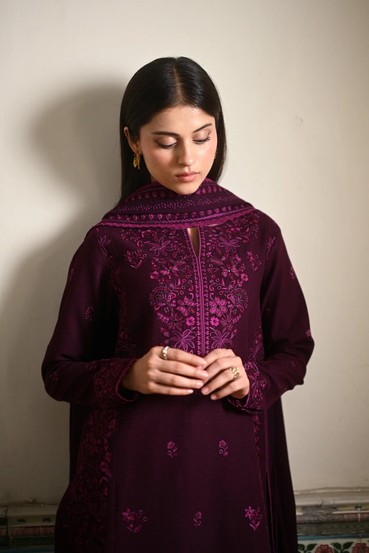 ZAIB-3PC KARANDI EMBROIDERED SHIRT WITH KARANDI EMBROIDERED SHAWL AND TROUSER-BIC-4404