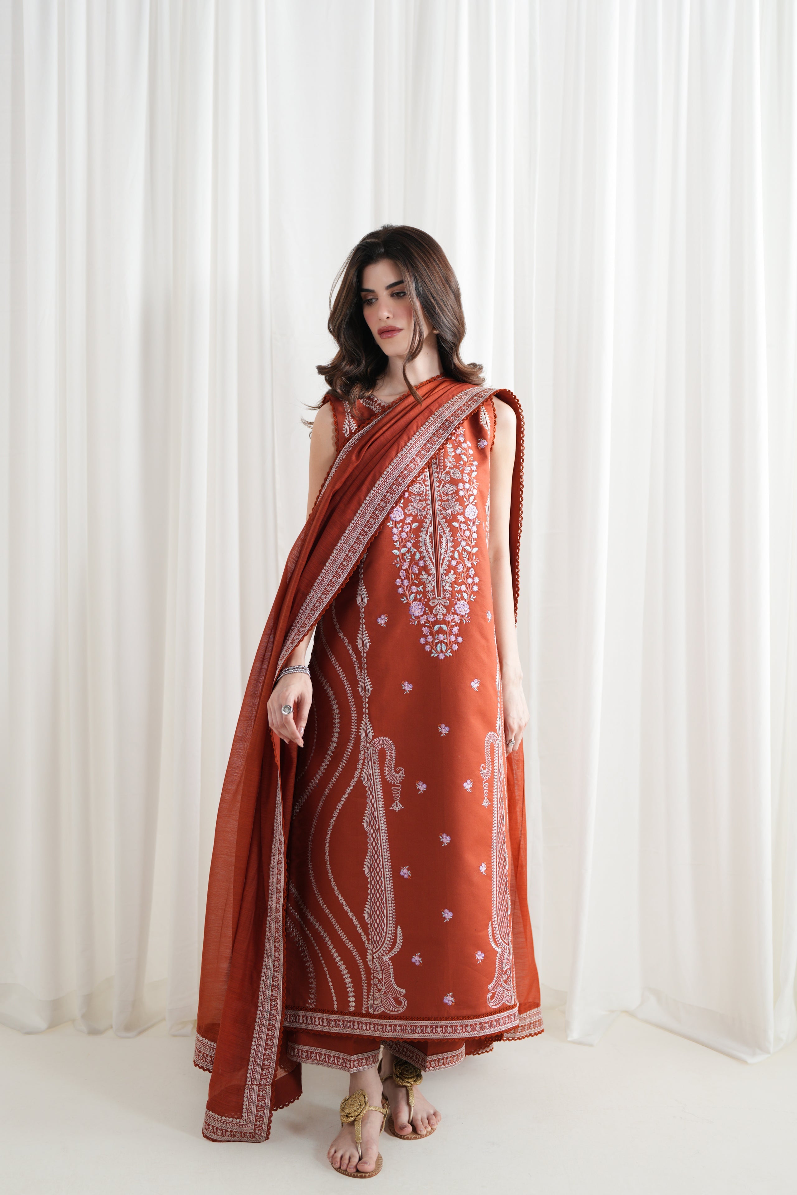 BATIK-3PC DHANAK EMBROIDERED SHIRT WITH DHANAK EMBROIDERED SHAWL AND EMB TROUSER-BIC-5089