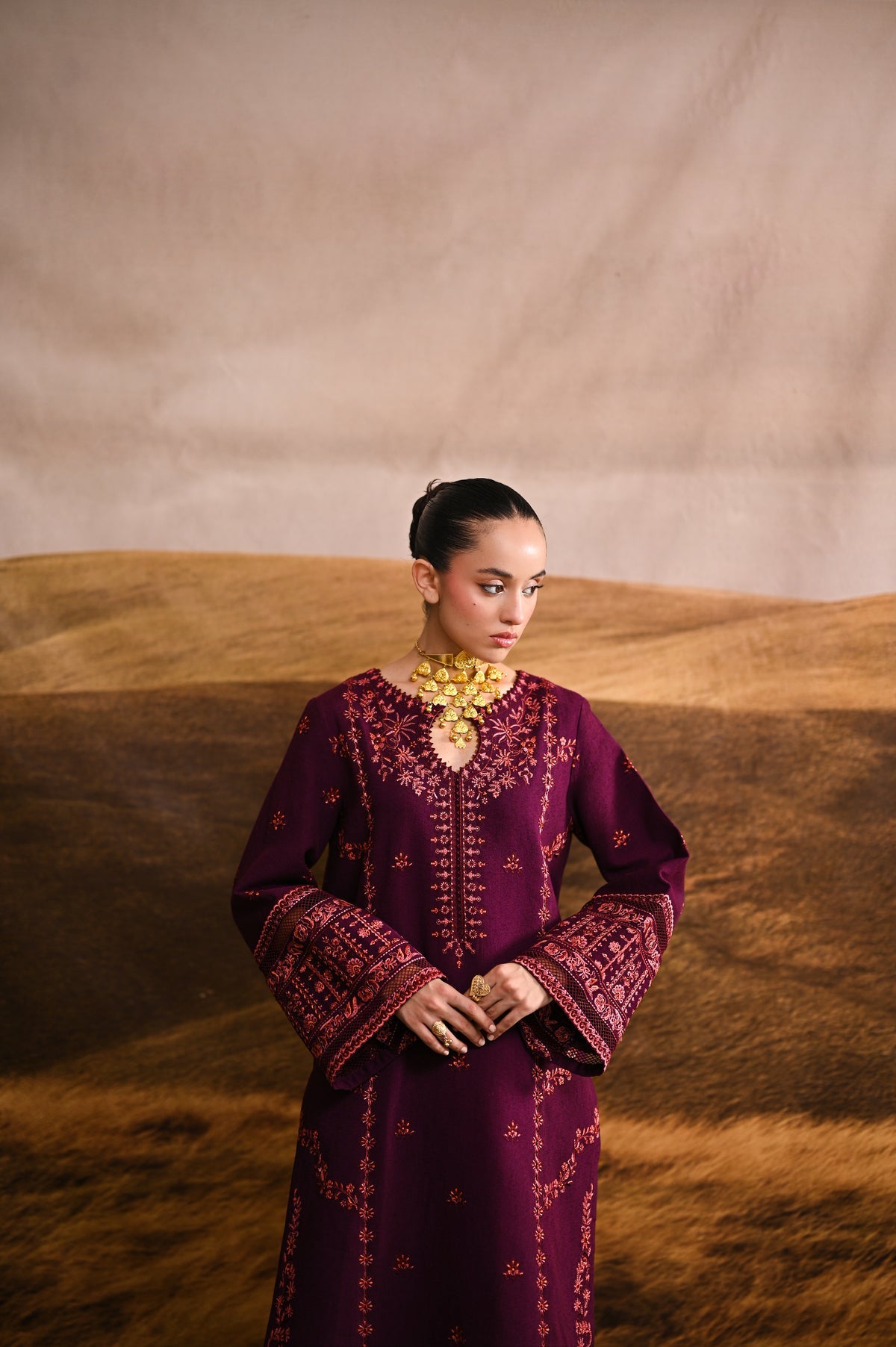 ZAIB-2PIECE DHANAK EMBROIDERED SHIRT WITH DHANAK EMBROIDERED SLEEVES-BIC-15071