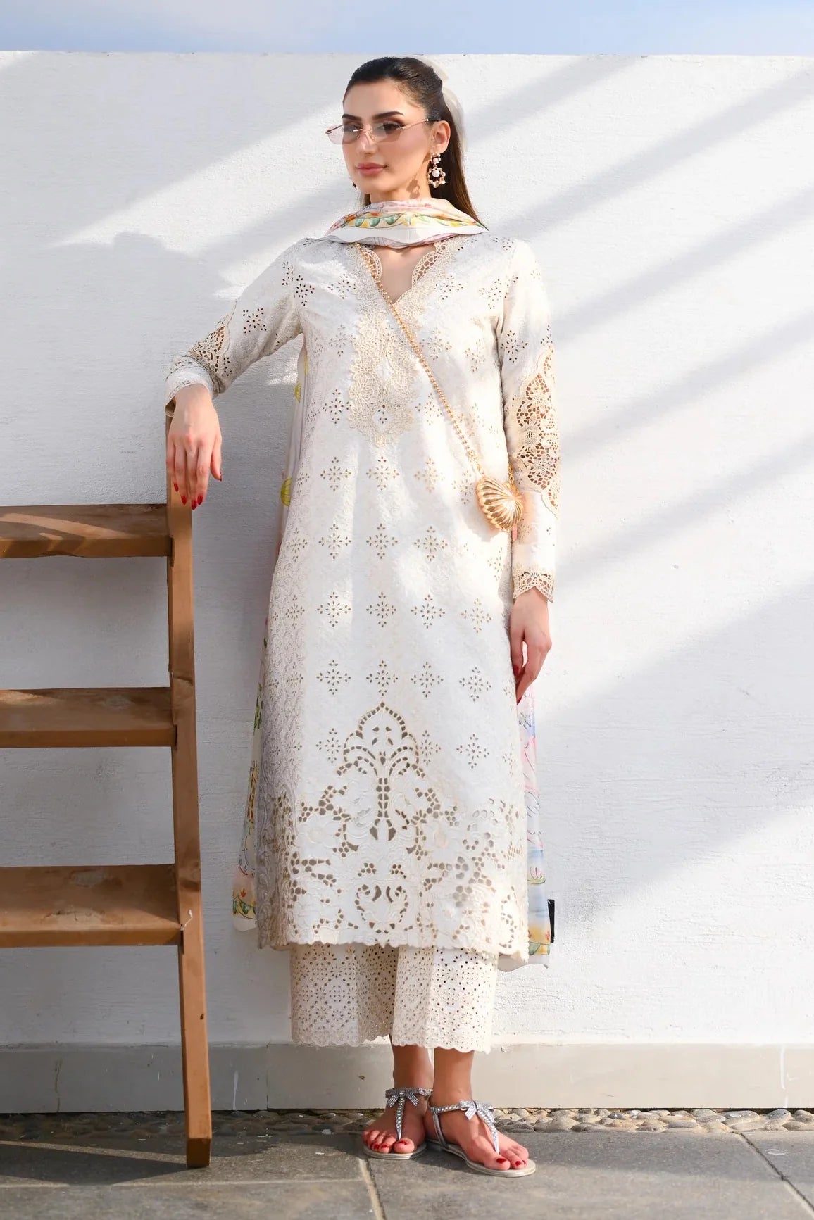 ZAIB-3PC LAWN CHIKAN EMBROIDERED SHIRT WITH CHIFFON PRINTED DUPATTA AND TROUSER-BIC-4881