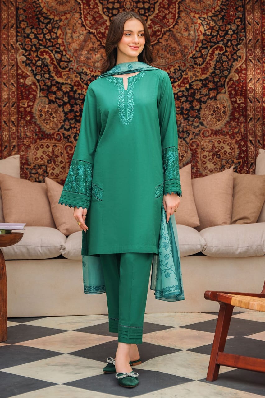 ZIVA-3PC LAWN EMBROIDERED SHIRT WITH MONARK PRINTED DUPATTA AND TROUSER-BIC-3539