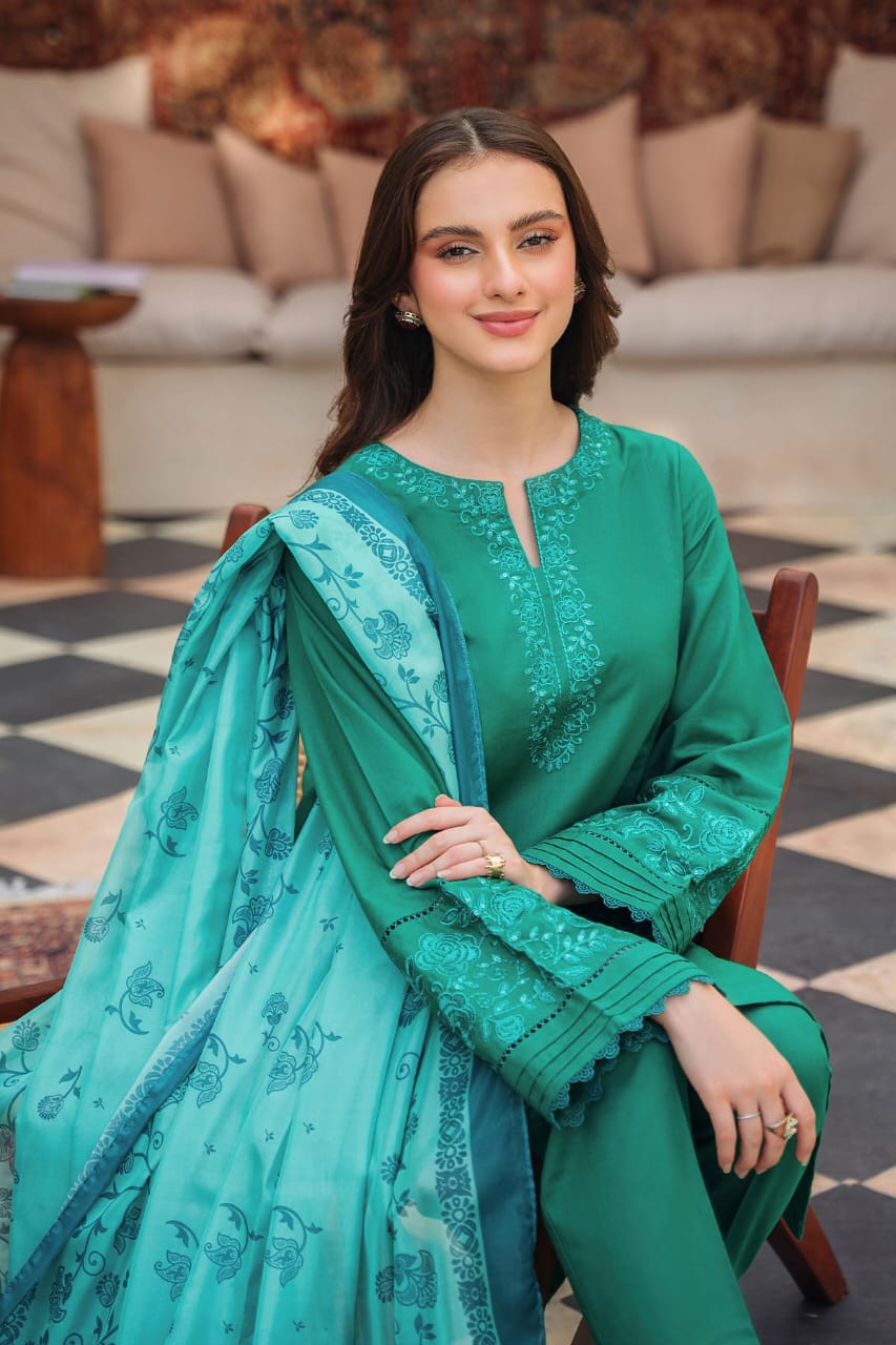 ZIVA-3PC LAWN EMBROIDERED SHIRT WITH MONARK PRINTED DUPATTA AND TROUSER-BIC-3539