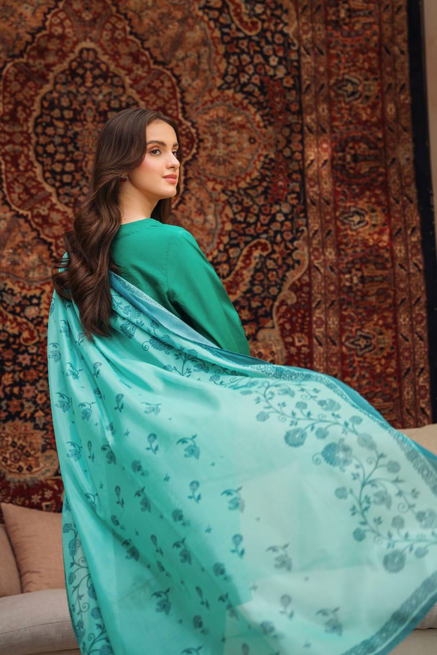 ZIVA-3PC LAWN EMBROIDERED SHIRT WITH MONARK PRINTED DUPATTA AND TROUSER-BIC-3539
