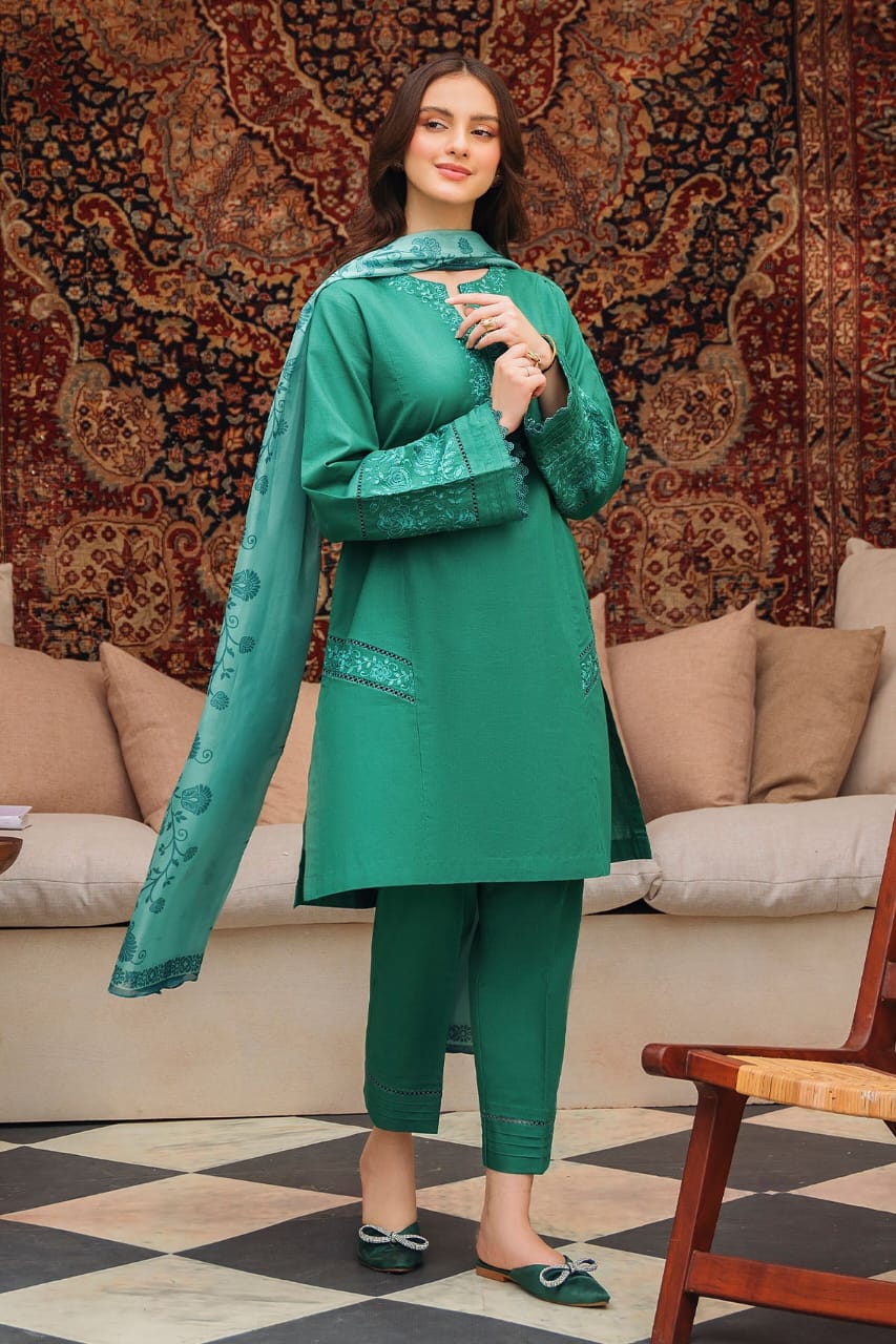 ZIVA-3PC LAWN EMBROIDERED SHIRT WITH MONARK PRINTED DUPATTA AND TROUSER-BIC-3539