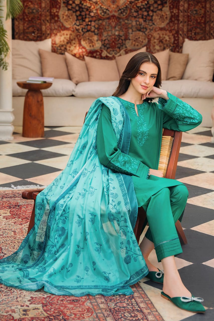 ZIVA-3PC LAWN EMBROIDERED SHIRT WITH MONARK PRINTED DUPATTA AND TROUSER-BIC-3539