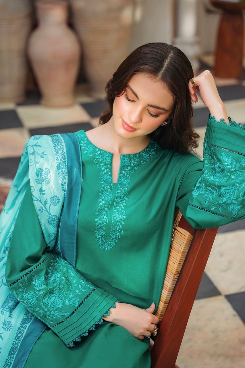 ZIVA-3PC LAWN EMBROIDERED SHIRT WITH MONARK PRINTED DUPATTA AND TROUSER-BIC-3539