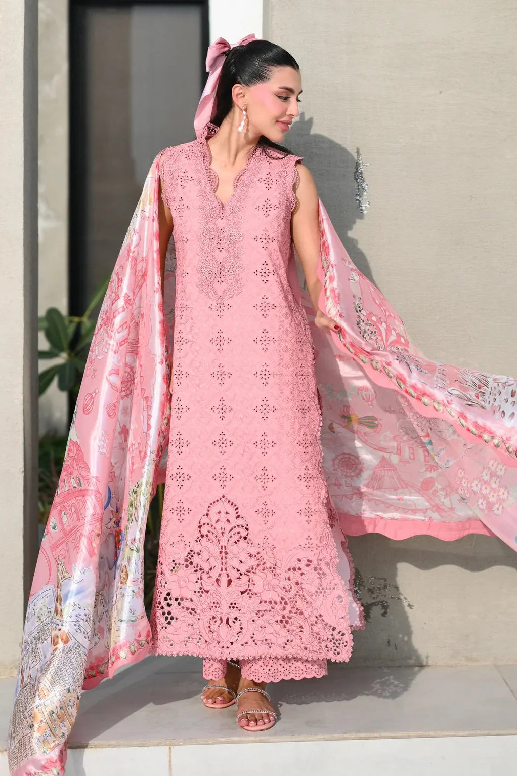 ZAIB-3PC LAWN CHIKAN EMBROIDERED SHIRT WITH CHIFFON PRINTED DUPATTA AND TROUSER-BIC-4880
