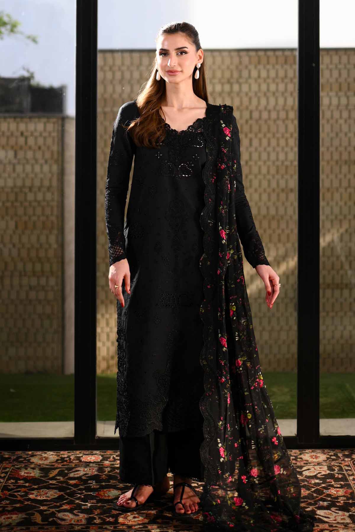 ZAIB-3PC LAWN CHIKANKARI EMBROIDERED SHIRT WITH CHIFFON PRINTED EMB DUPATTA AND TROUSER-BIC-4874