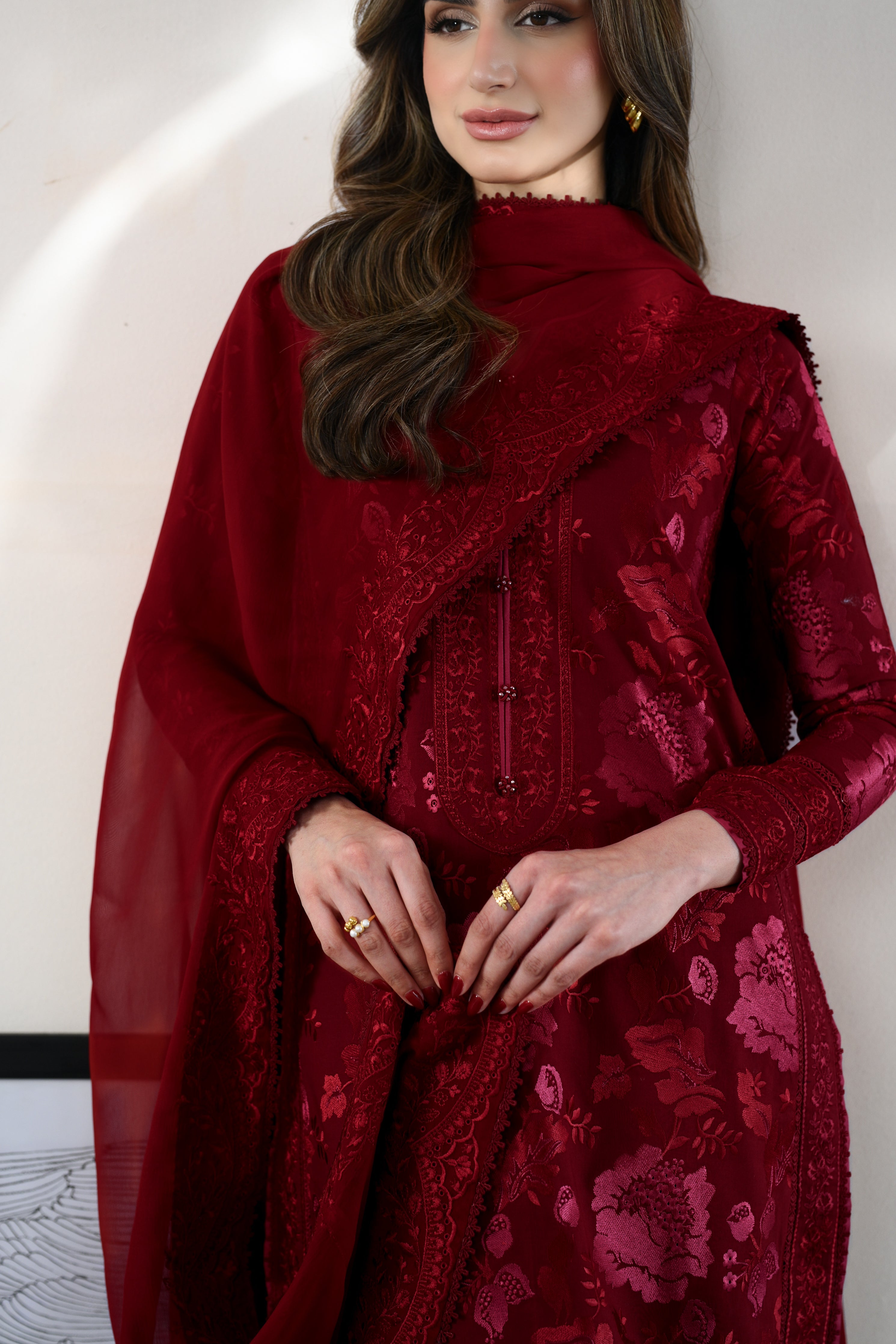 ZAIB-3PC DHANAK EMBROIDERED SHIRT WITH DHANAK EMBROIDERED SHAWL AND TROUSER-BIC-5087