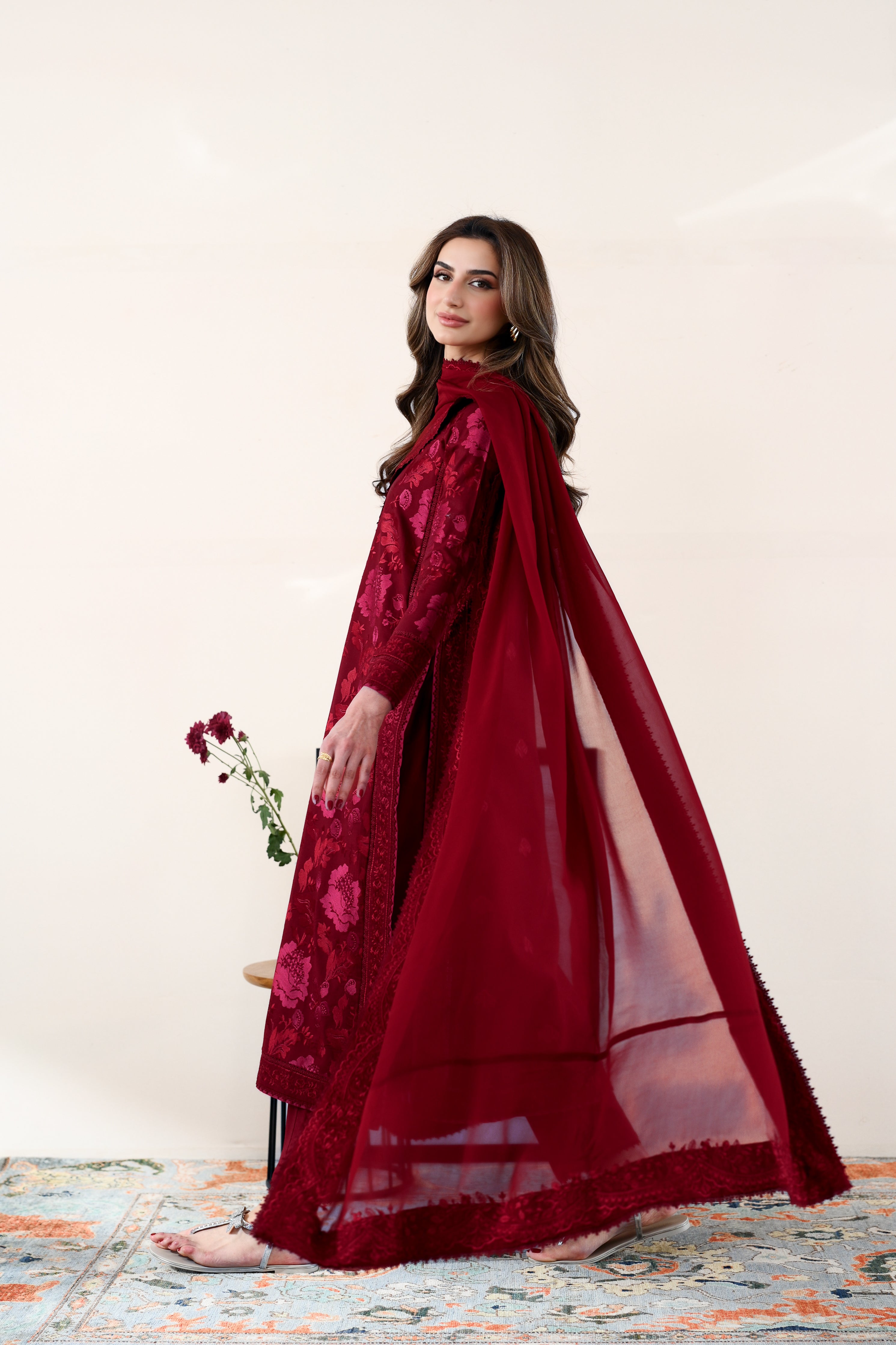 ZAIB-3PC DHANAK EMBROIDERED SHIRT WITH DHANAK EMBROIDERED SHAWL AND TROUSER-BIC-5087