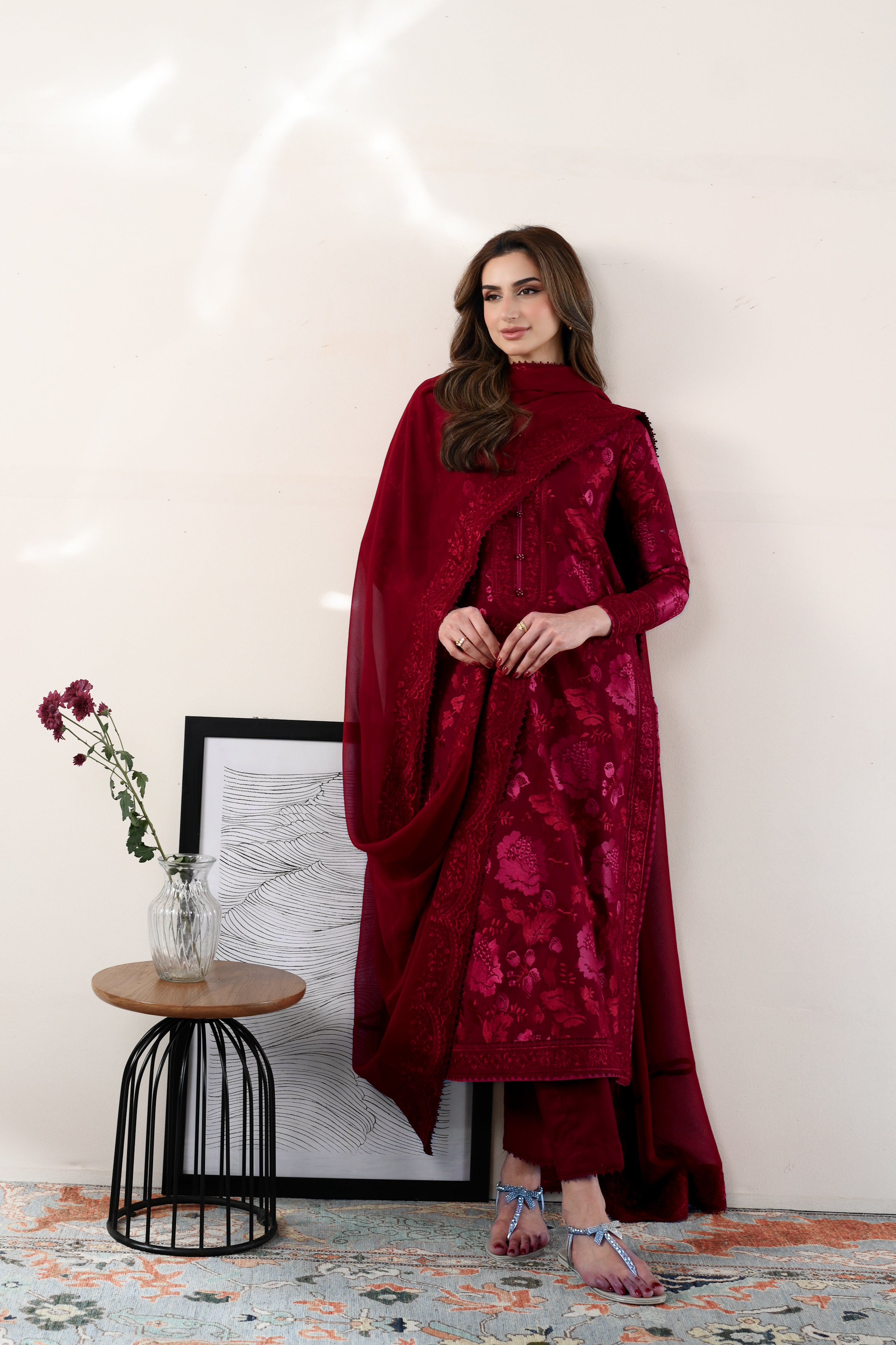 ZAIB-3PC DHANAK EMBROIDERED SHIRT WITH DHANAK EMBROIDERED SHAWL AND TROUSER-BIC-5087
