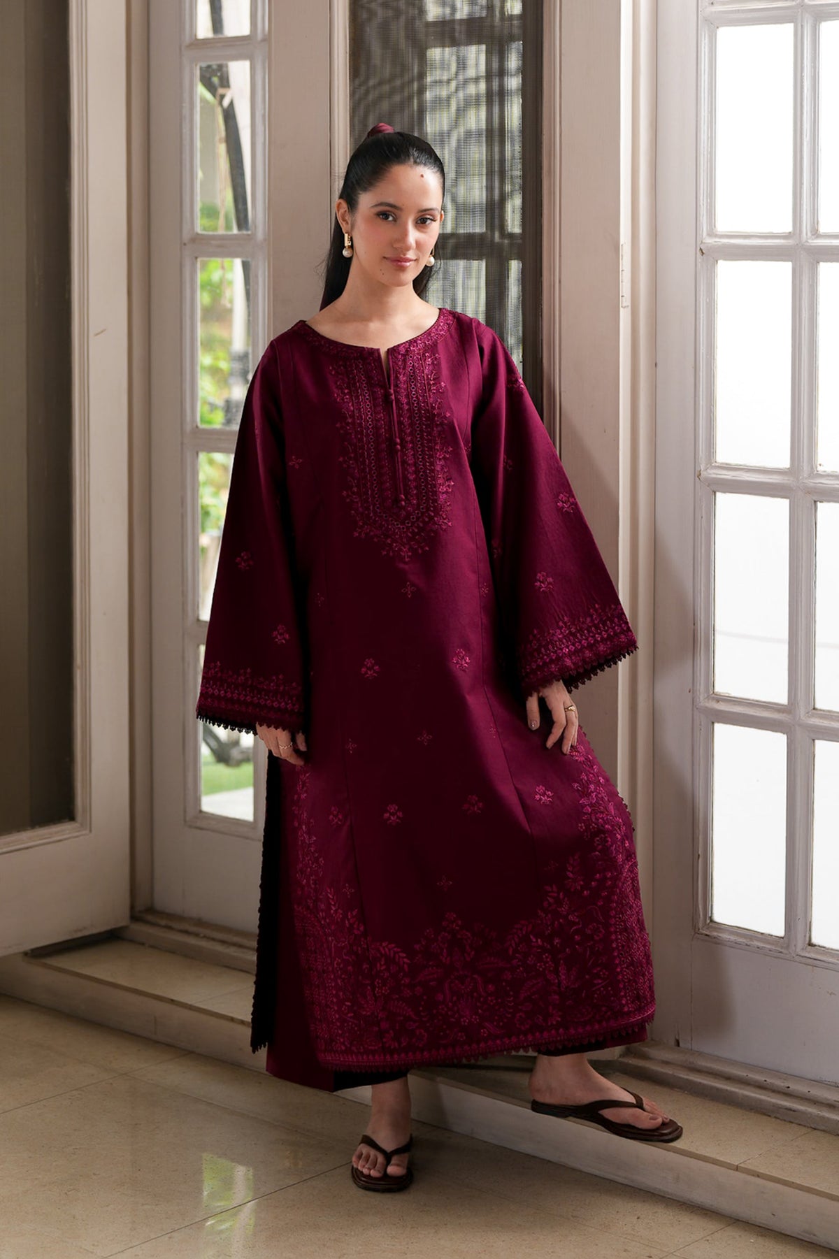 ZAIB-2PIECE DHANAK EMBROIDERED SHIRT WITH DHANAK EMBROIDERED SLEEVES-BIC-15131