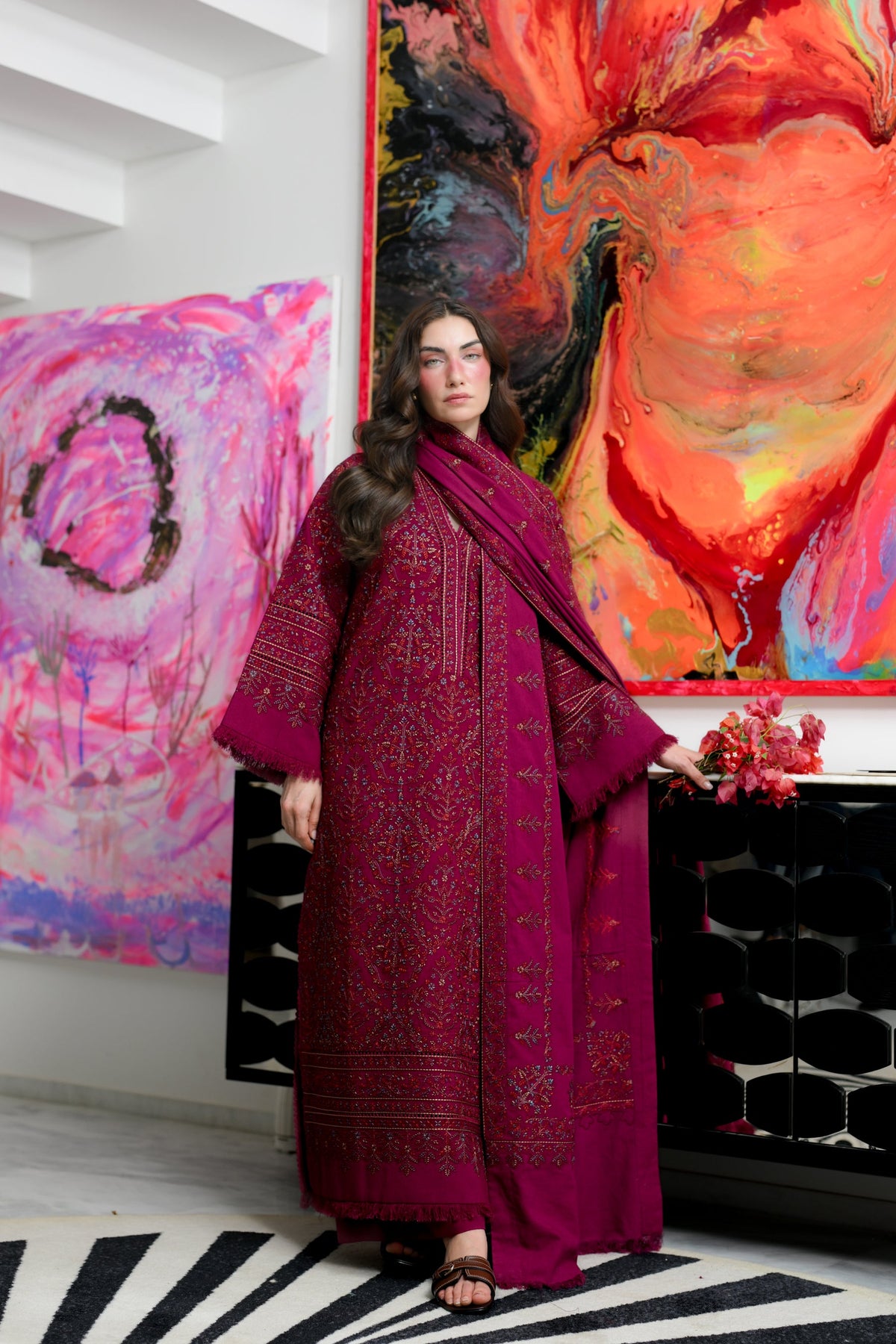 ZAIB-3PC KARANDI EMBROIDERED SHIRT WITH KARANDI EMBROIDERED SHAWL AND TROUSER -BIC-5295