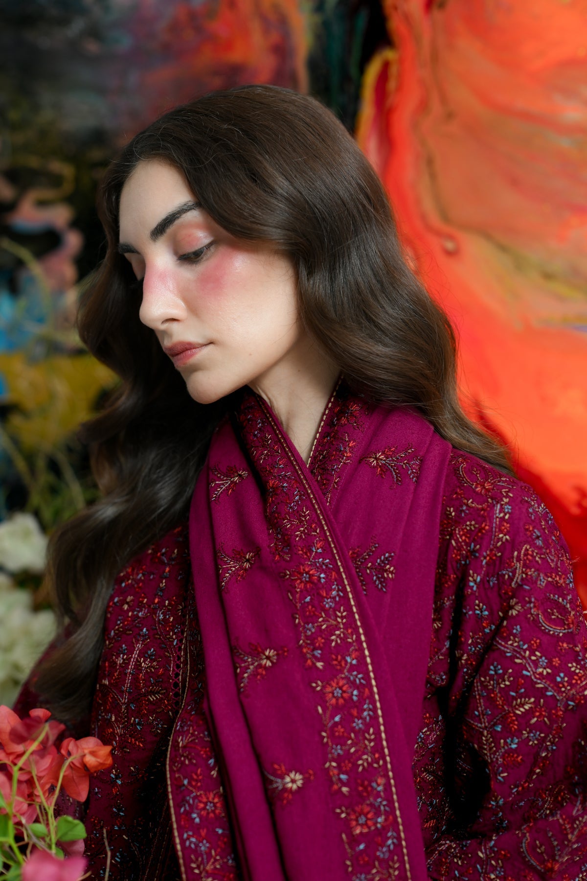 ZAIB-3PC KARANDI EMBROIDERED SHIRT WITH KARANDI EMBROIDERED SHAWL AND TROUSER -BIC-5295