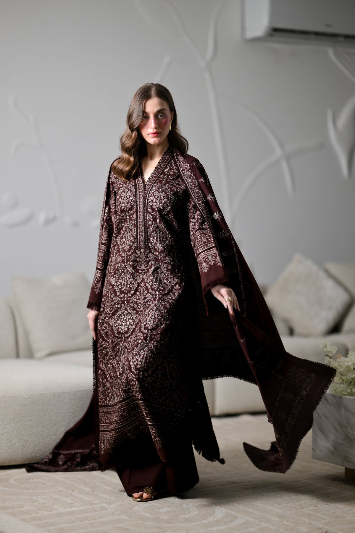 ZAIB-3PC KARANDI EMBROIDERED SHIRT WITH KARANDI EMBROIDERED SHAWL AND TROUSER -BIC-5294