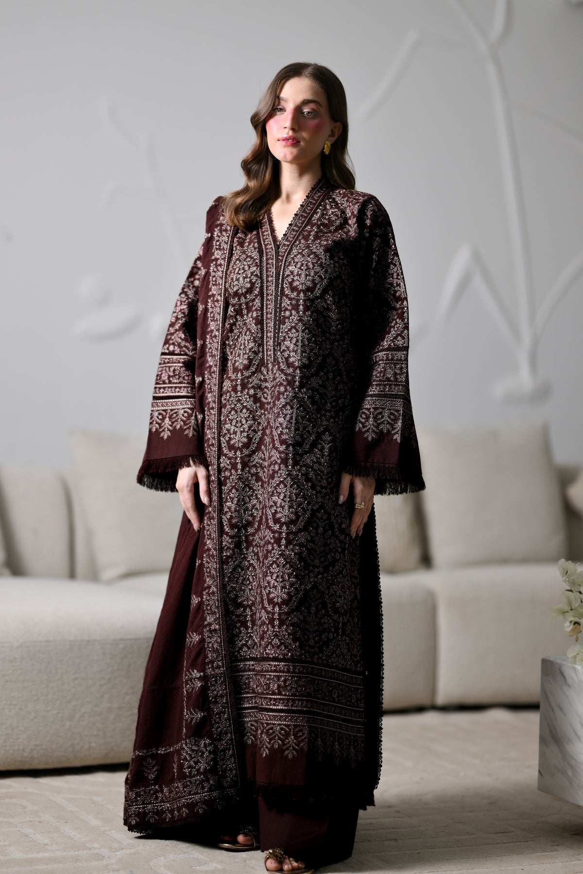 ZAIB-3PC KARANDI EMBROIDERED SHIRT WITH KARANDI EMBROIDERED SHAWL AND TROUSER -BIC-5294