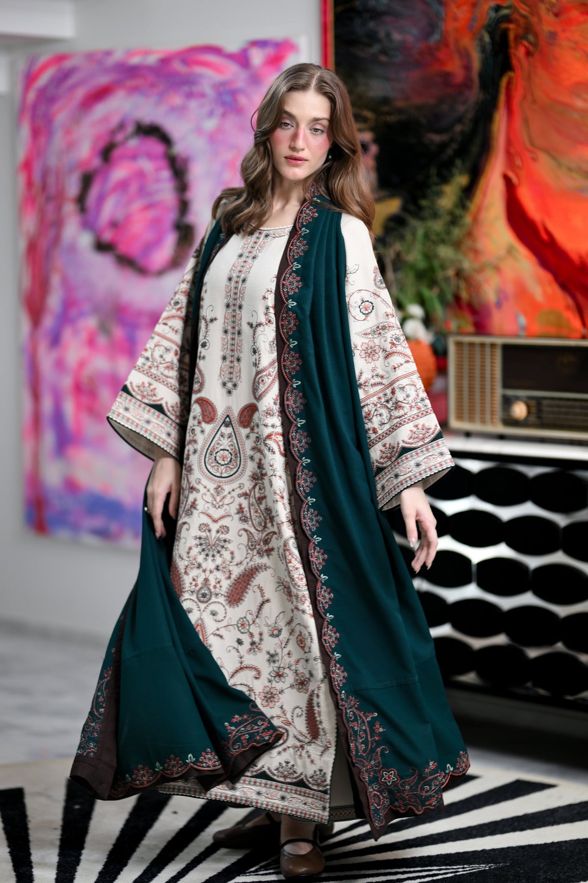 ZAIB-3PC KARANDI EMBROIDERED SHIRT WITH KARANDI EMBROIDERED SHAWL AND TROUSER-BIC-5302