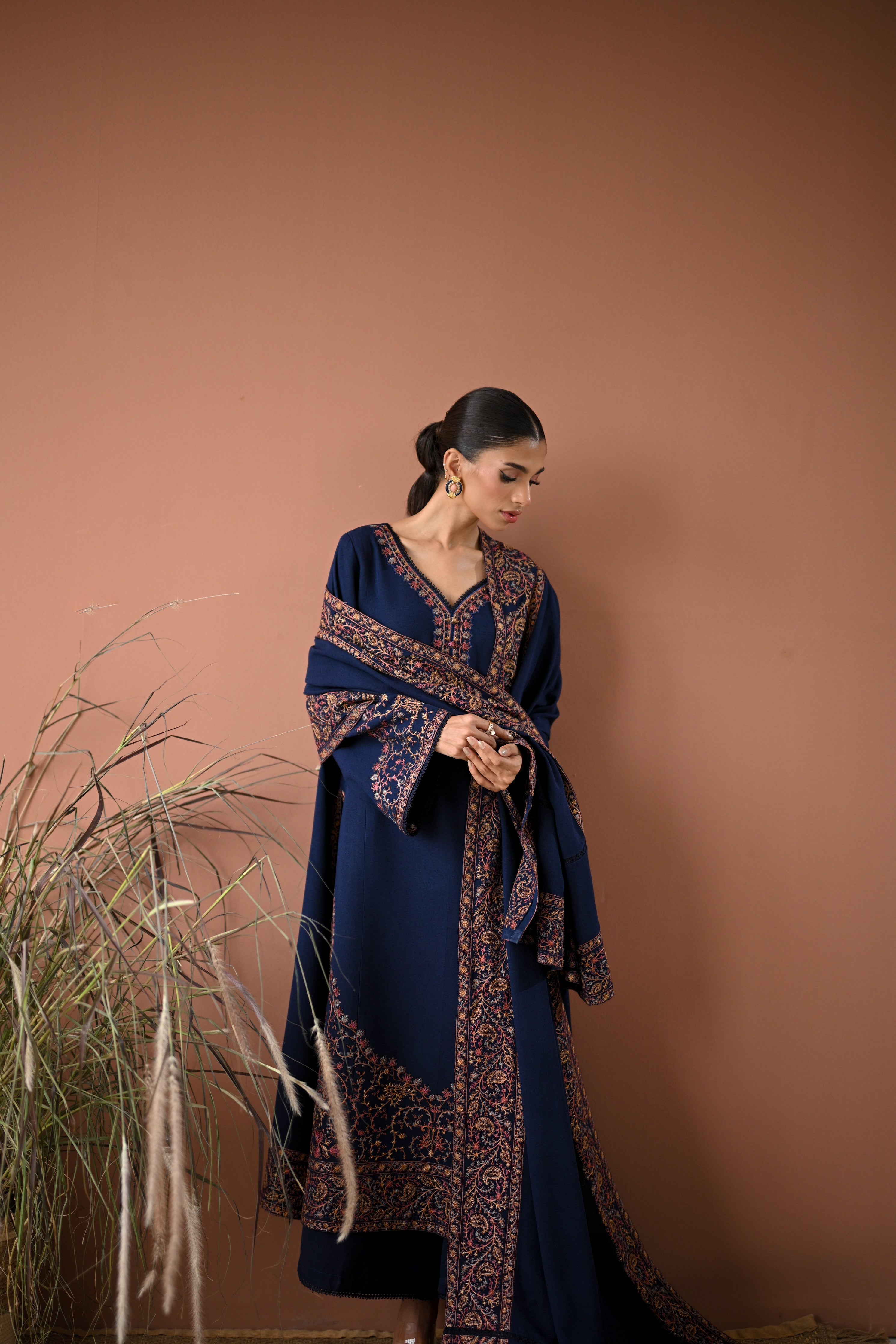 BATIK-3PC DHANAK EMBROIDERED SHIRT WITH DHANAK EMBROIDERED SHAWL AND TROUSER-BIC-4358