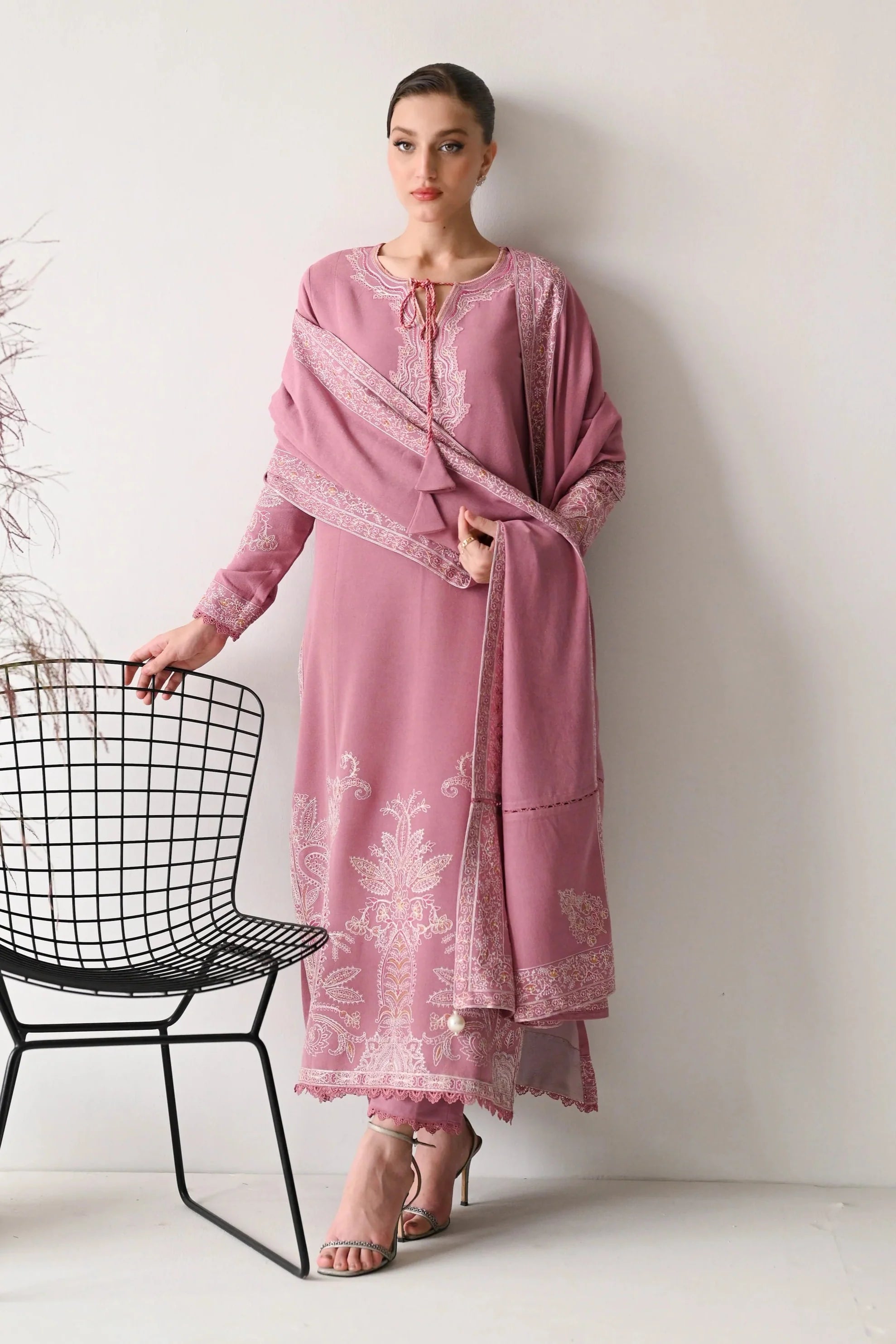 BATIK-3PC DHANAK EMBROIDERED SHIRT WITH DHANAK EMBROIDERED SHAWL AND TROUSER-BIC-4189