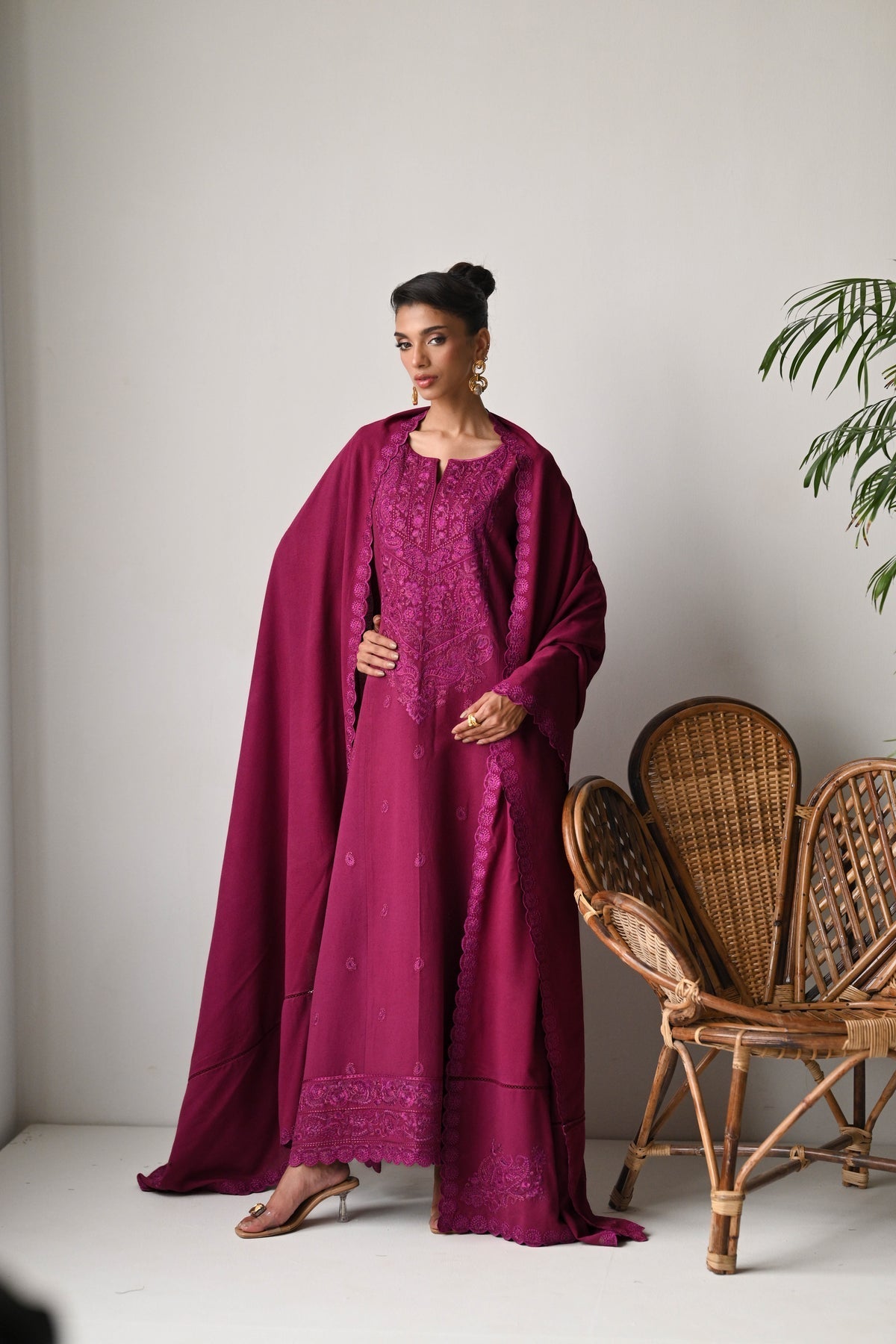ZAIB-3PC DHANAK EMBROIDERED SHIRT WITH DHANAK EMBROIDERED SHAWL AND TROUSER-BIC-5262