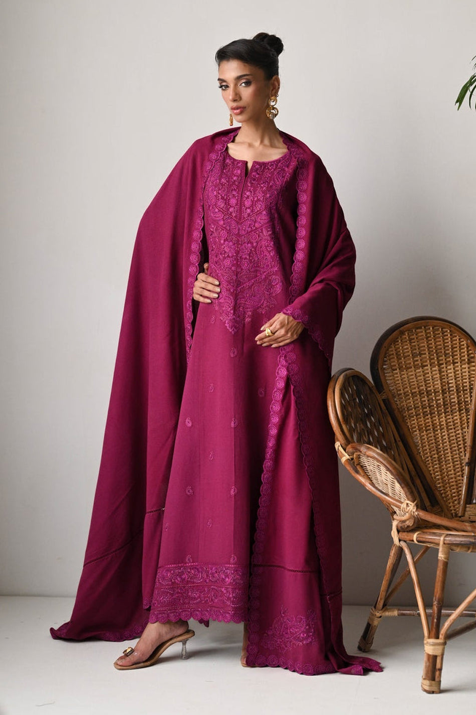 ZAIB-3PC DHANAK EMBROIDERED SHIRT WITH DHANAK EMBROIDERED SHAWL AND TROUSER-BIC-5262