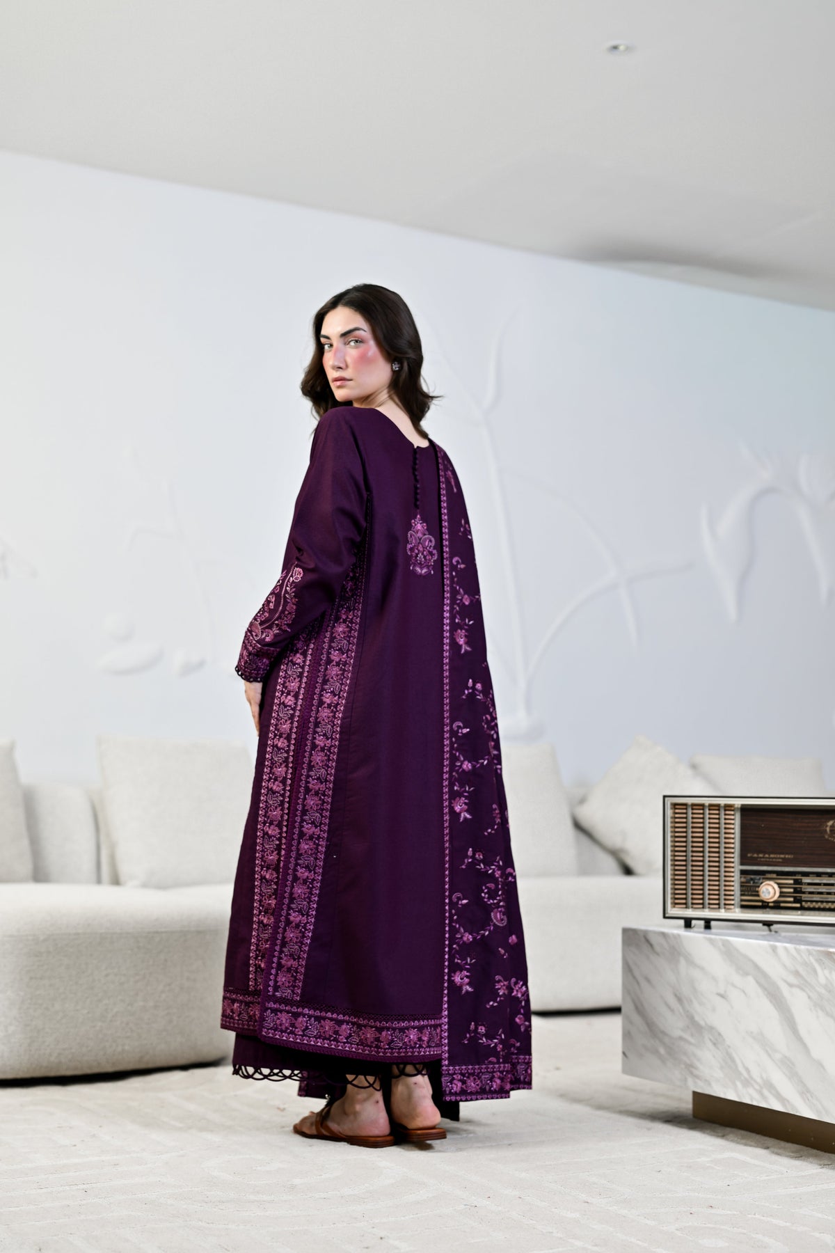 ZAIB-3PC KARANDI EMBROIDERED SHIRT WITH KARANDI EMBROIDERED SHAWL AND TROUSER-BIC-5310