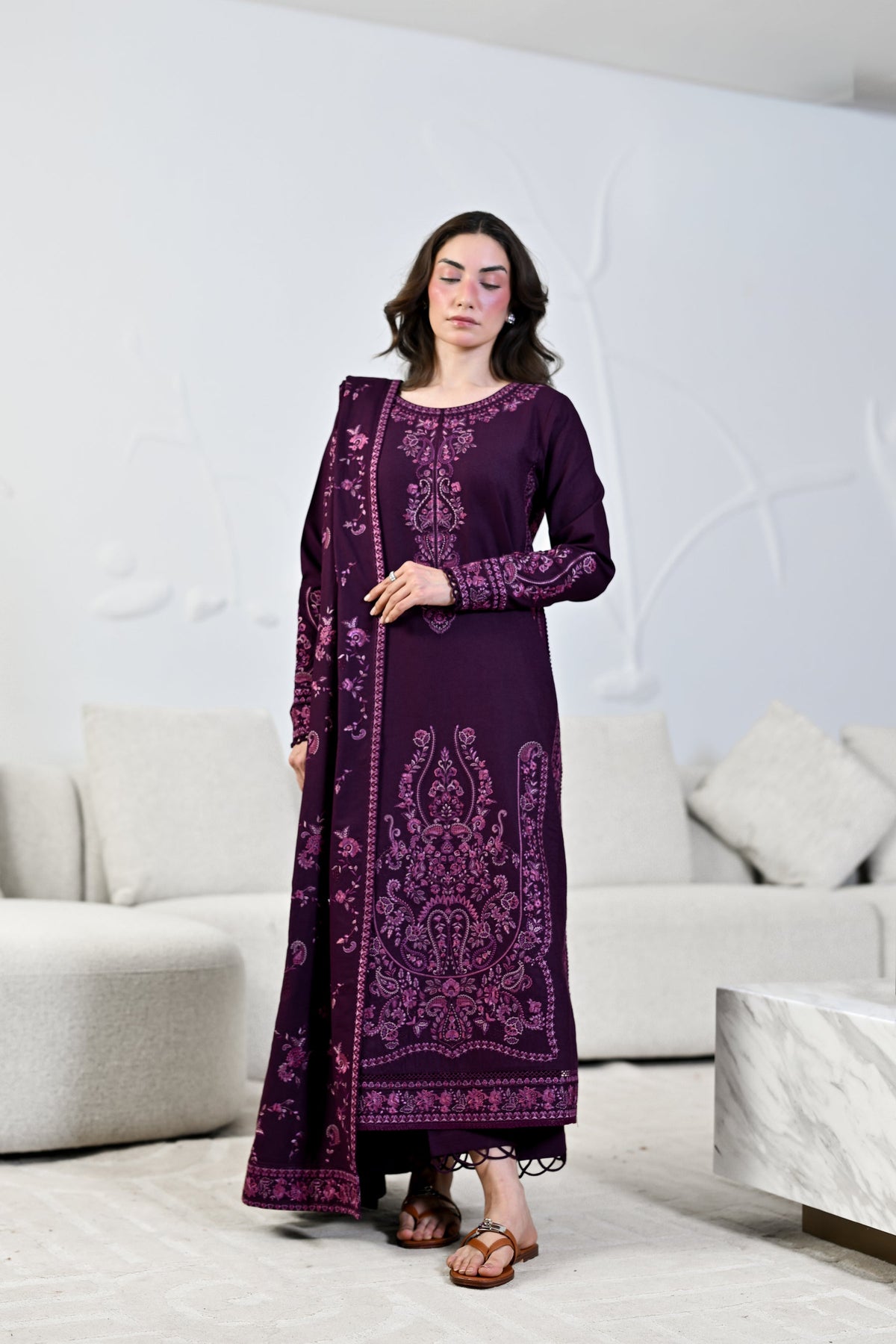 ZAIB-3PC KARANDI EMBROIDERED SHIRT WITH KARANDI EMBROIDERED SHAWL AND TROUSER-BIC-5310