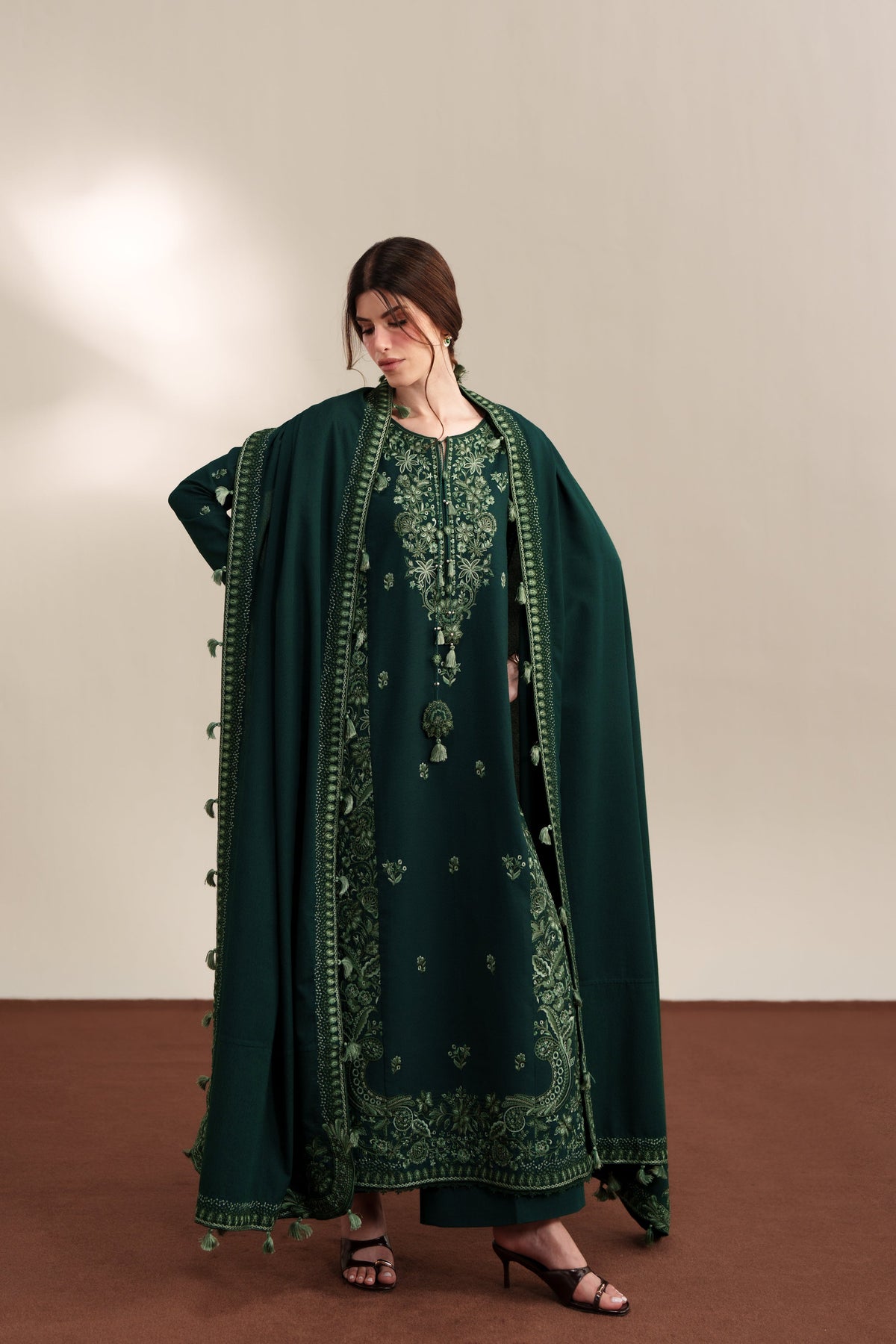 ZAIB-3PC KARANDI EMBROIDERED SHIRT WITH KARANDI EMBROIDERED SHAWL AND TROUSER-BIC-5315