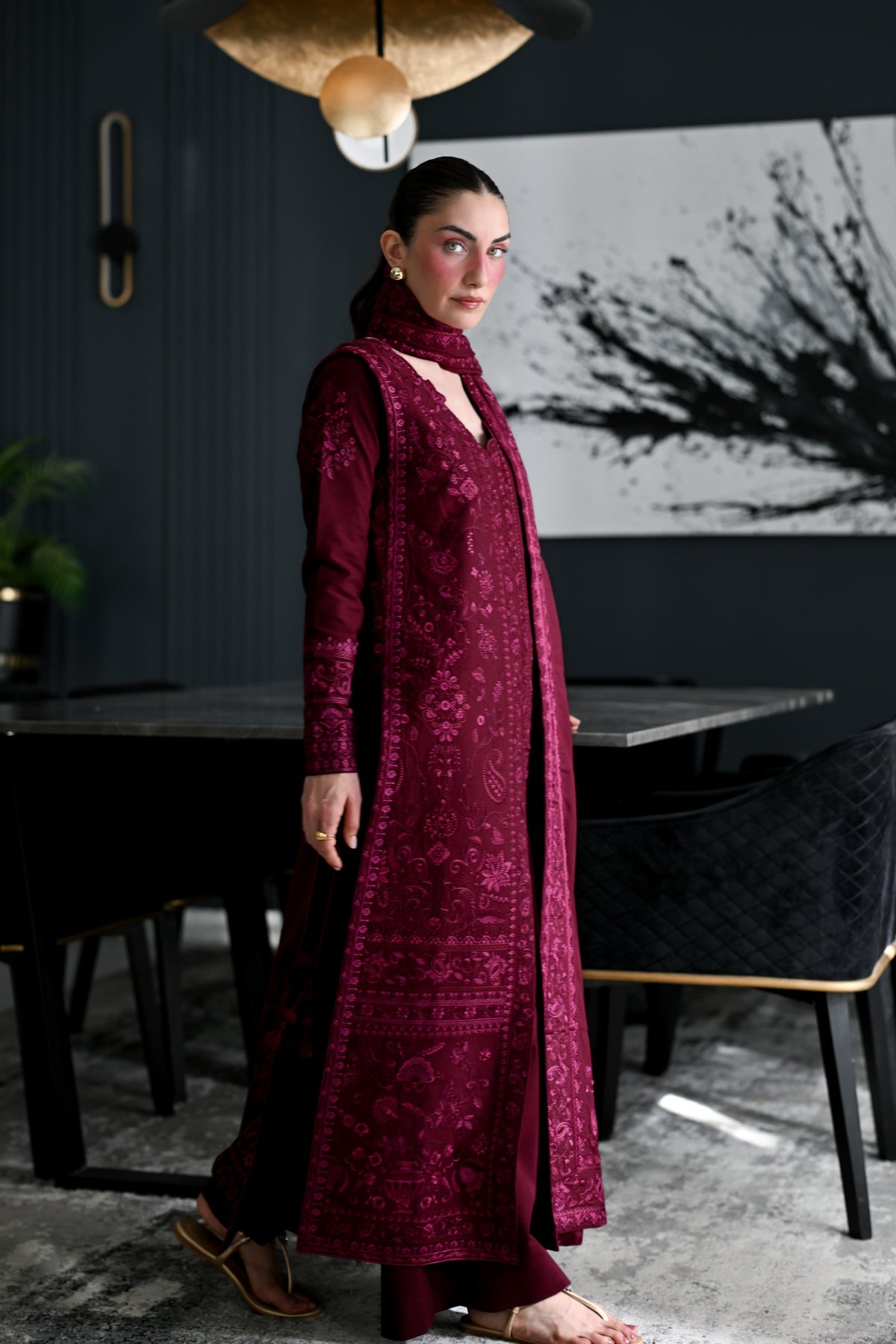 ZAIB-3PC KARANDI EMBROIDERED SHIRT WITH KARANDI EMBROIDERED SHAWL AND TROUSER-BIC-5311