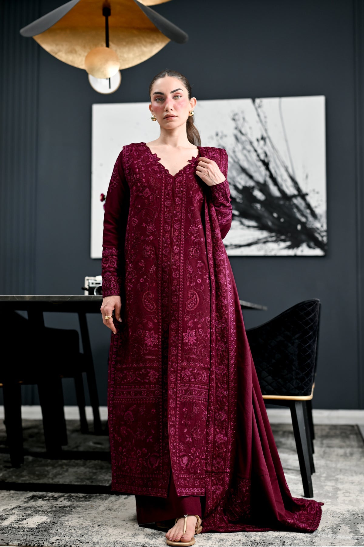 ZAIB-3PC KARANDI EMBROIDERED SHIRT WITH KARANDI EMBROIDERED SHAWL AND TROUSER-BIC-5311