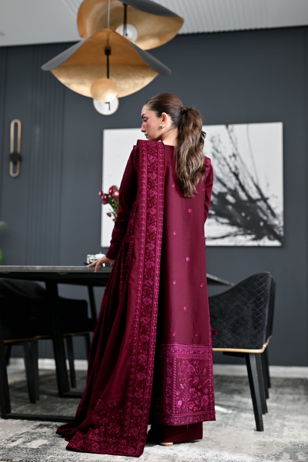 ZAIB-3PC KARANDI EMBROIDERED SHIRT WITH KARANDI EMBROIDERED SHAWL AND TROUSER-BIC-5311