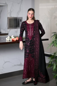 ZAIB-3PC KARANDI EMBROIDERED SHIRT WITH KARANDI EMBROIDERED SHAWL AND TROUSER -BIC-5297