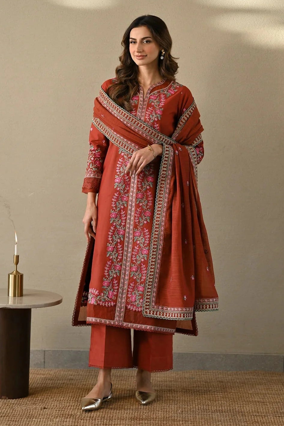 ZAIB-3PC DHANAK EMBROIDERED SHIRT WITH DHANAK EMBROIDERED SHAWL AND TROUSER-BIC-4378