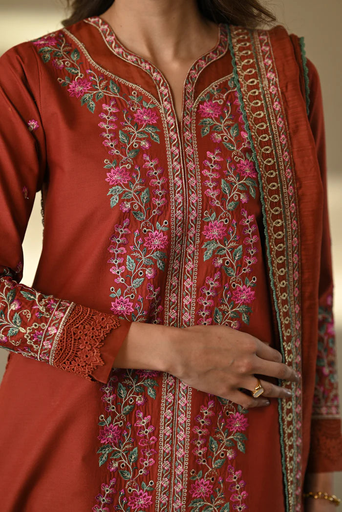 ZAIB-3PC DHANAK EMBROIDERED SHIRT WITH DHANAK EMBROIDERED SHAWL AND TROUSER-BIC-4378